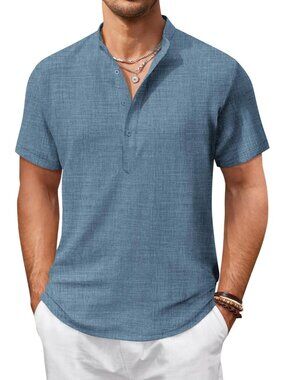 Men's Denim Blue Casual Henley Shirt Short Sleeve Linen Beach Summer Tops